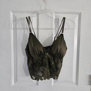 NWOT Auden Satin And Lace Longline Bralette- Moss Green